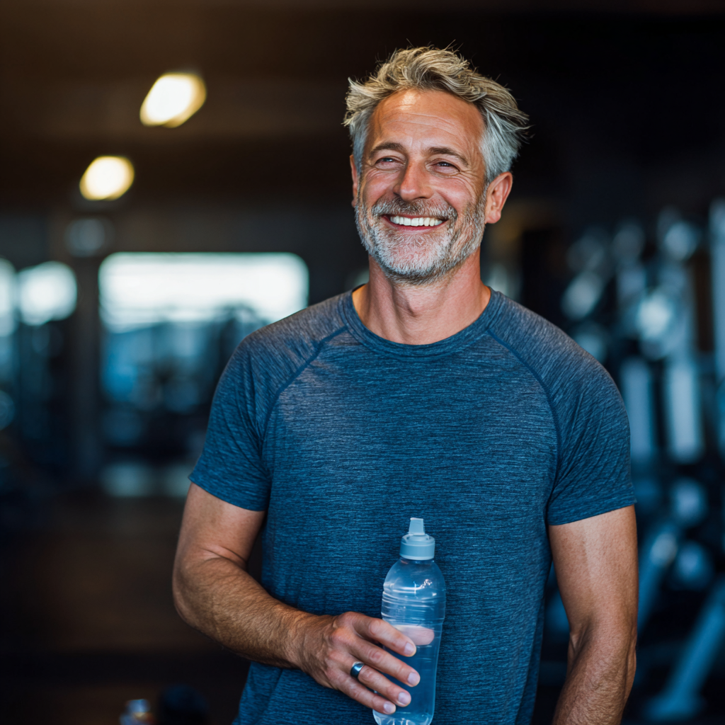 Happy mature man in his early fifties smiling confidently after completing a workout session, wearing fitness attire and holding a water bottle in a bright, modern gym environment showing the positive results of regular exercise
