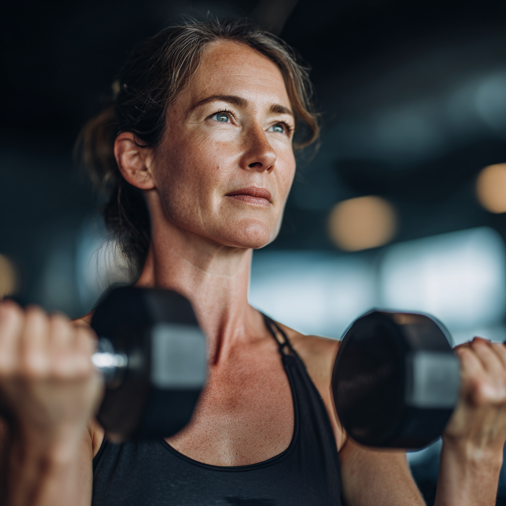 Mature woman in her forties performing strength training with dumbbells in a modern gym setting, wearing athletic clothing and showing determination and focus during her workout session